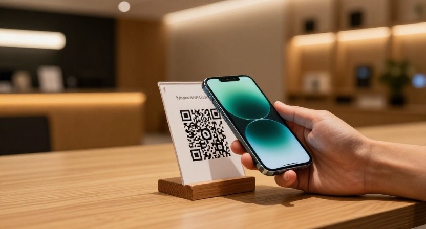 Hand holding a modern smartphone scanning a tabletop QR check-in display stand