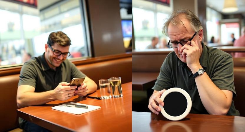 Customer checking wait updates on phone at restaurant table, replacing legacy plastic coaster pagers