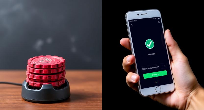 Traditional plastic coaster pagers next to a modern smartphone with confirmation checkmark