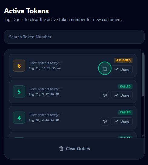 Active Tokens panel showing Token 6 with the message icon circled in emerald green