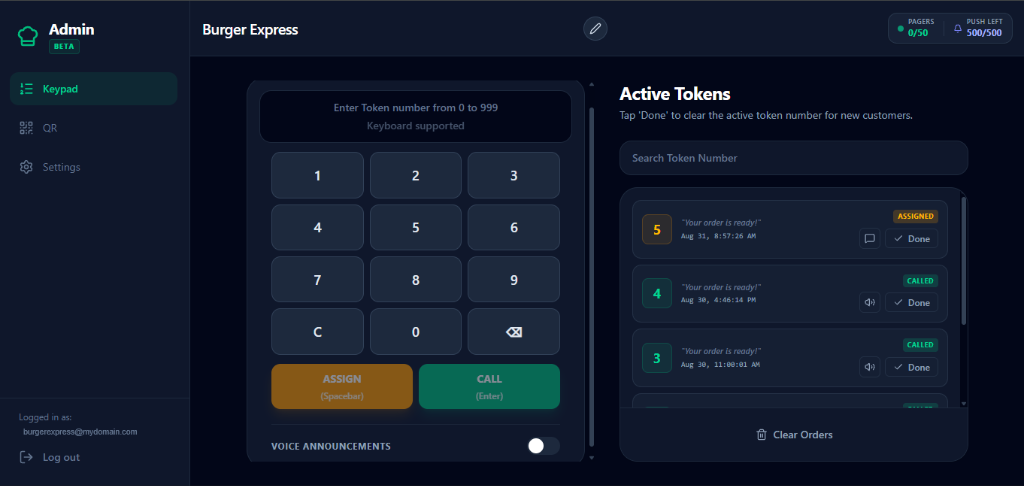 TokenPager Admin Keypad Dashboard with number pad and side active orders panel