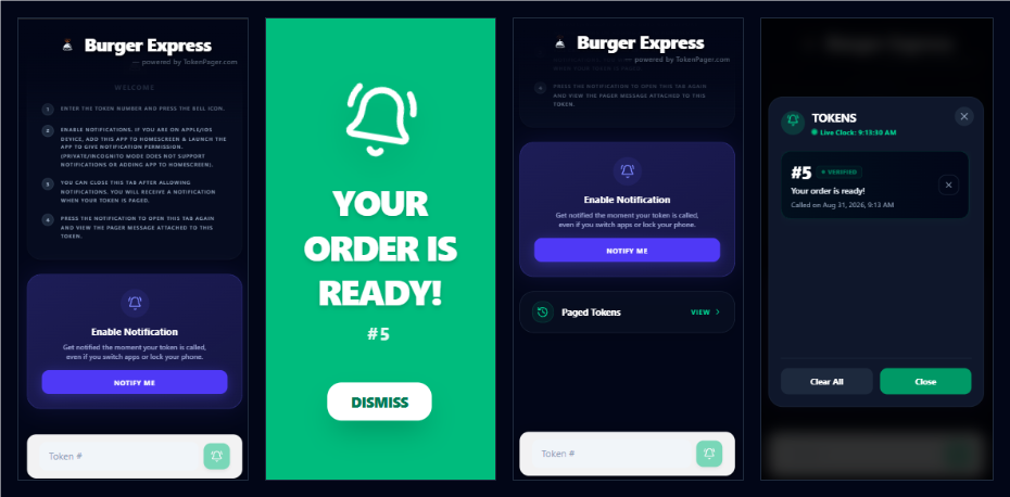 Customer Mobile View showing Welcome screen, glowing Order Ready alert, and Paged Tokens history